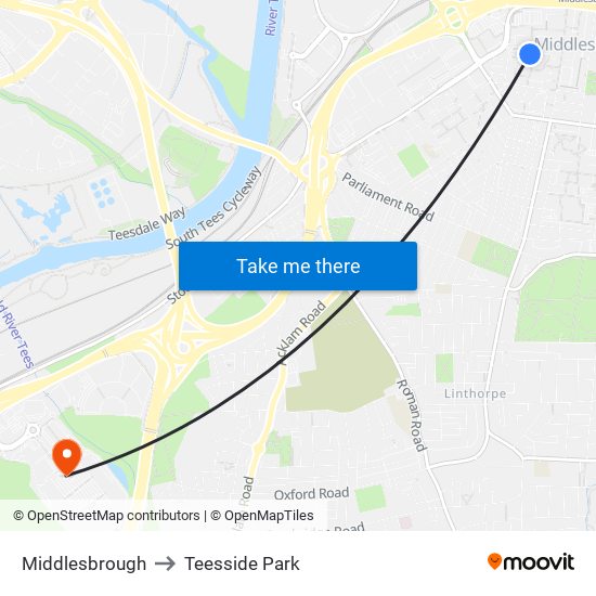 Middlesbrough to Teesside Park map