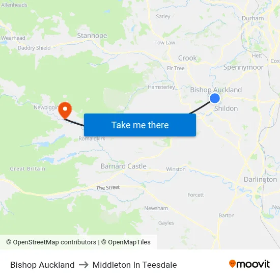 Bishop Auckland to Middleton In Teesdale map