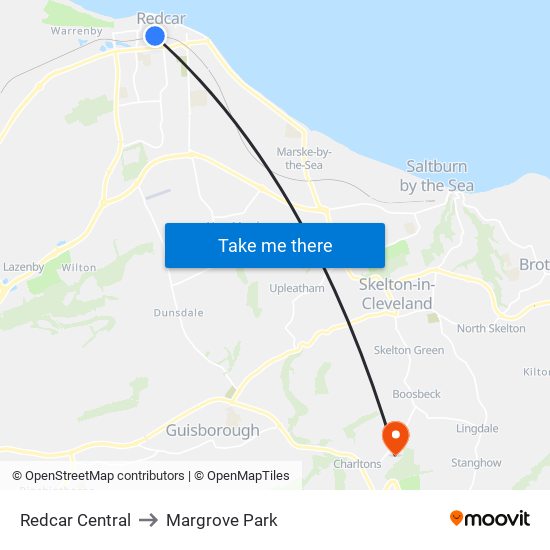 Redcar Central to Margrove Park map