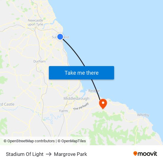 Stadium Of Light to Margrove Park map