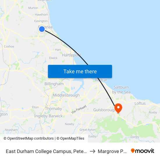 East Durham College Campus, Peterlee to Margrove Park map