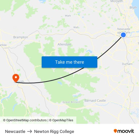 Newcastle to Newton Rigg College map