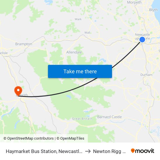 Haymarket Bus Station, Newcastle upon Tyne to Newton Rigg College map