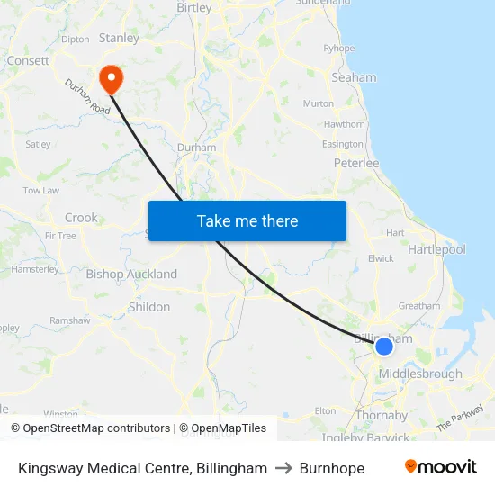 Kingsway Medical Centre, Billingham to Burnhope map