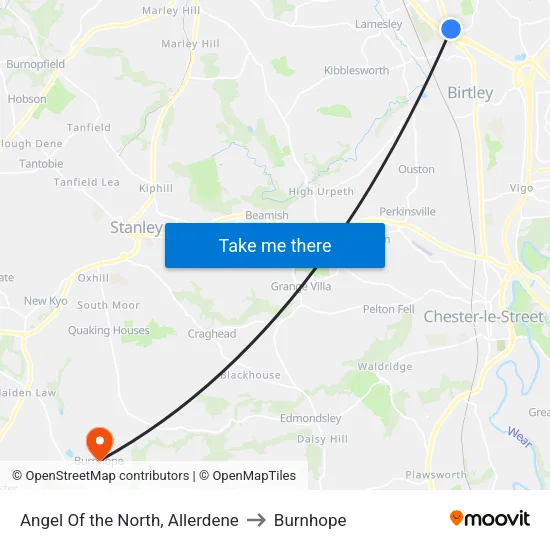 Angel Of the North, Allerdene to Burnhope map