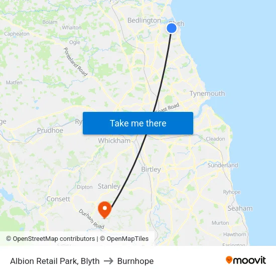 Albion Retail Park, Blyth to Burnhope map