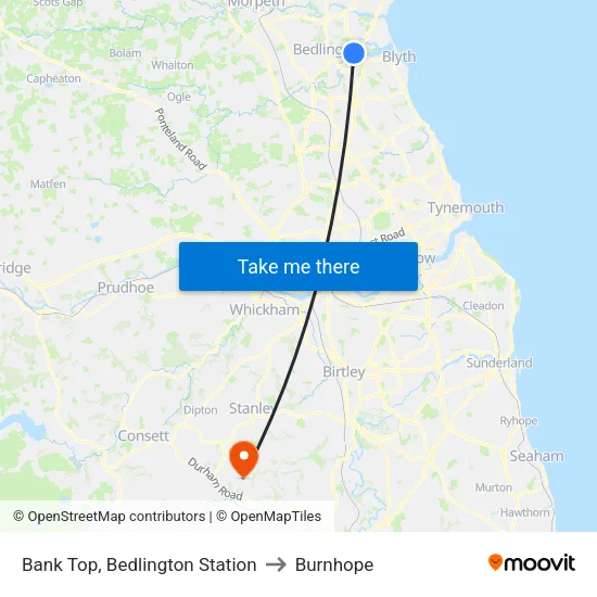 Bank Top, Bedlington Station to Burnhope map
