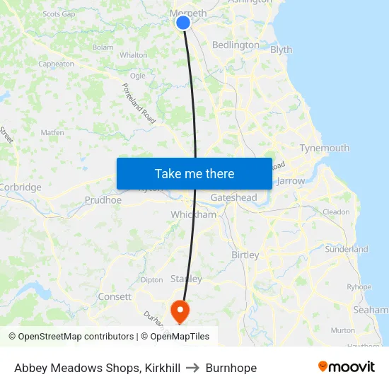 Abbey Meadows Shops, Kirkhill to Burnhope map