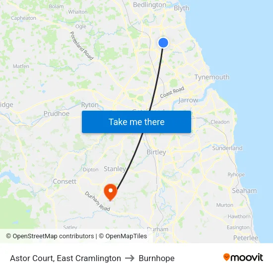 Astor Court, East Cramlington to Burnhope map