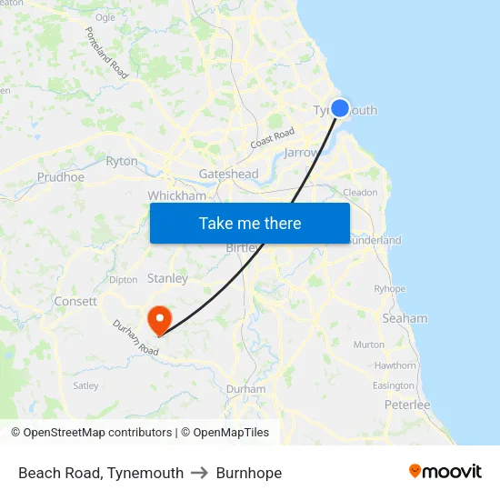 Beach Road, Tynemouth to Burnhope map