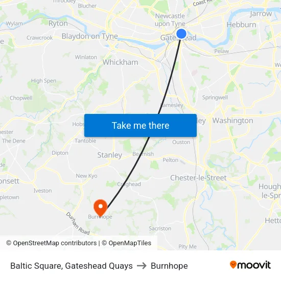 Baltic Square, Gateshead Quays to Burnhope map