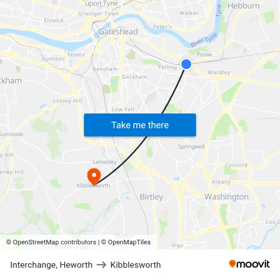 Interchange, Heworth to Kibblesworth map