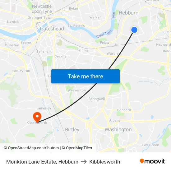 Monkton Lane Estate, Hebburn to Kibblesworth map