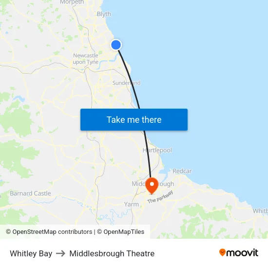 Whitley Bay to Middlesbrough Theatre map