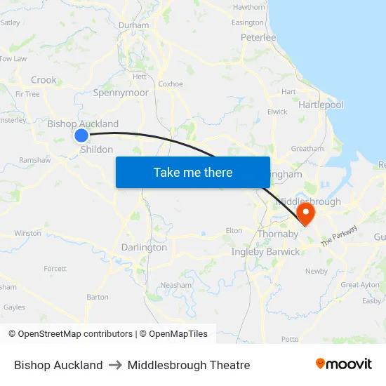 Bishop Auckland to Middlesbrough Theatre map