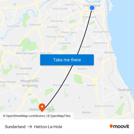 Sunderland to Hetton-Le-Hole map