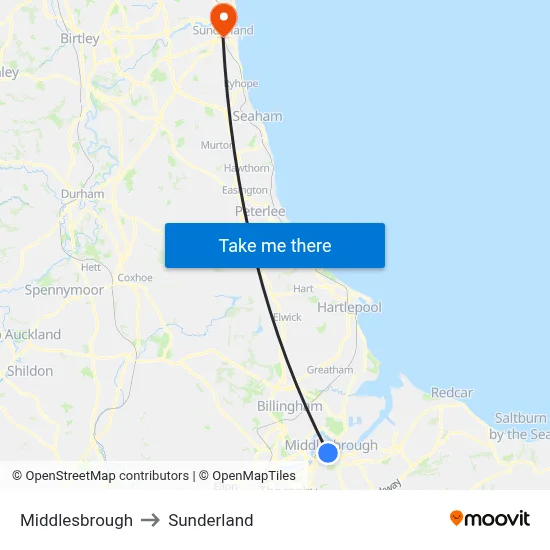 Middlesbrough to Sunderland map
