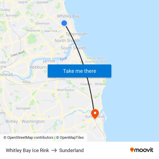 Whitley Bay Ice Rink to Sunderland map