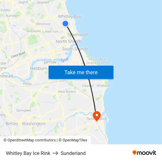 Whitley Bay Ice Rink to Sunderland map