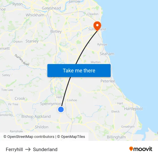 Ferryhill to Sunderland map