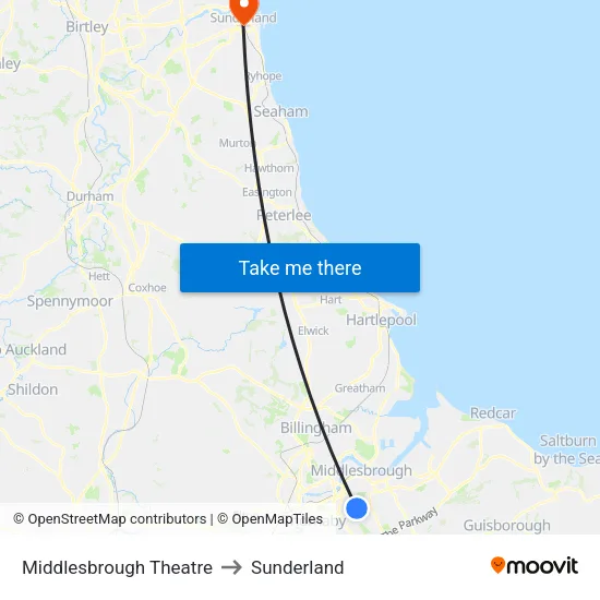 Middlesbrough Theatre to Sunderland map