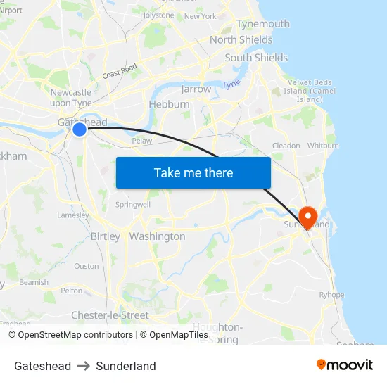 Gateshead to Sunderland map