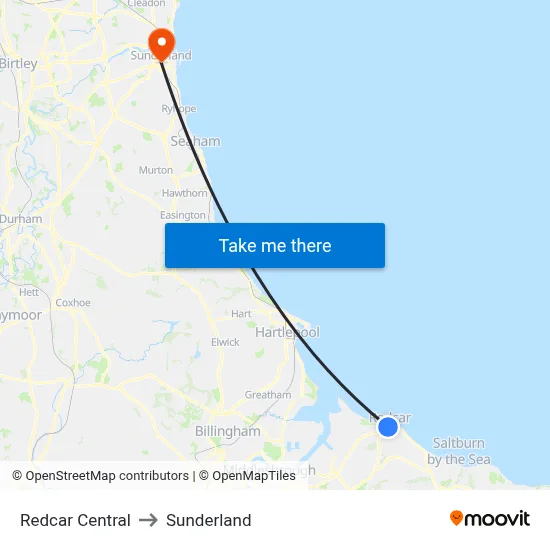 Redcar Central to Sunderland map