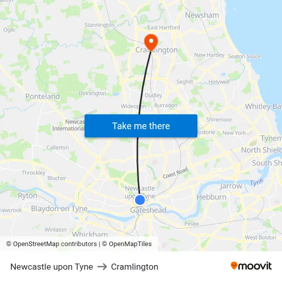 Newcastle upon Tyne to Cramlington map