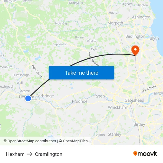 Hexham to Cramlington map