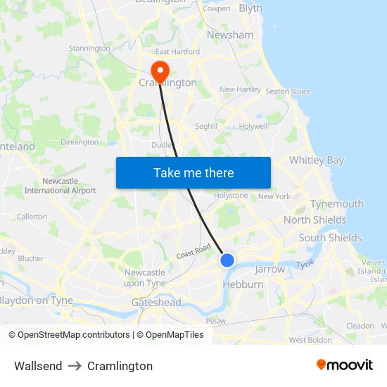 Wallsend to Cramlington map