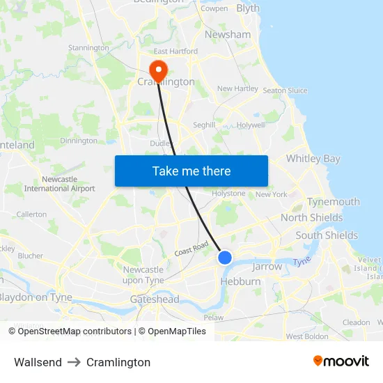 Wallsend to Cramlington map