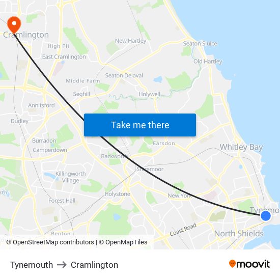 Tynemouth to Cramlington map