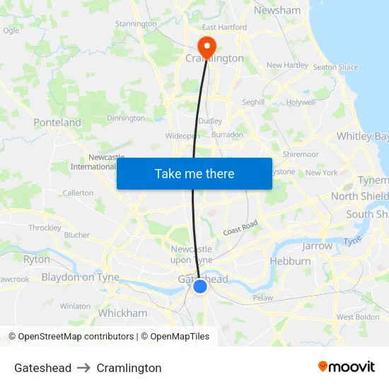 Gateshead to Cramlington map
