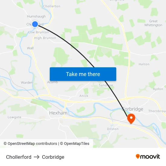 Chollerford to Corbridge map