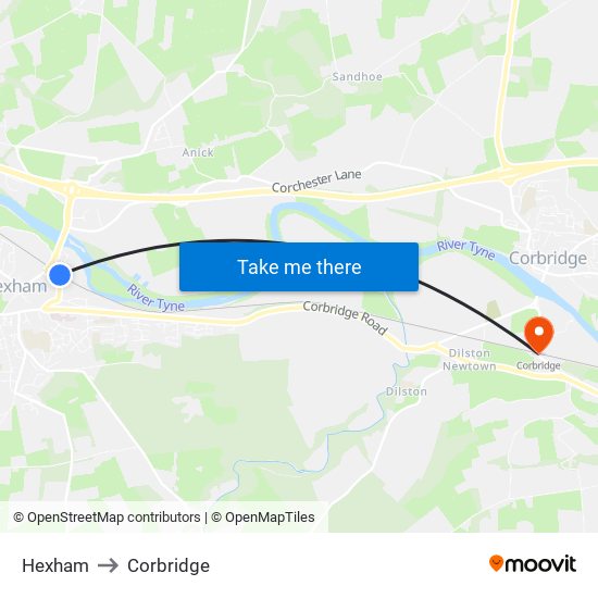 Hexham to Corbridge map