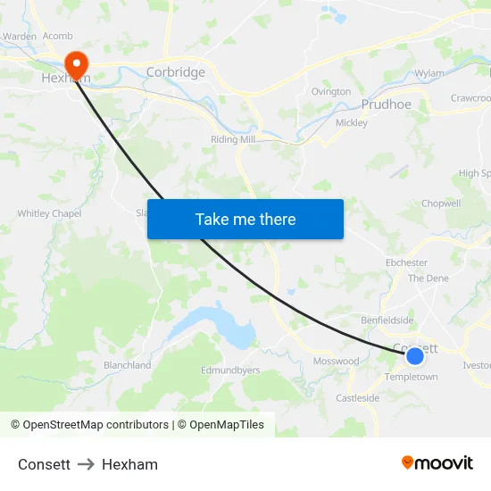 Consett to Hexham map