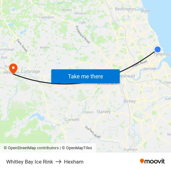 Whitley Bay Ice Rink to Hexham map