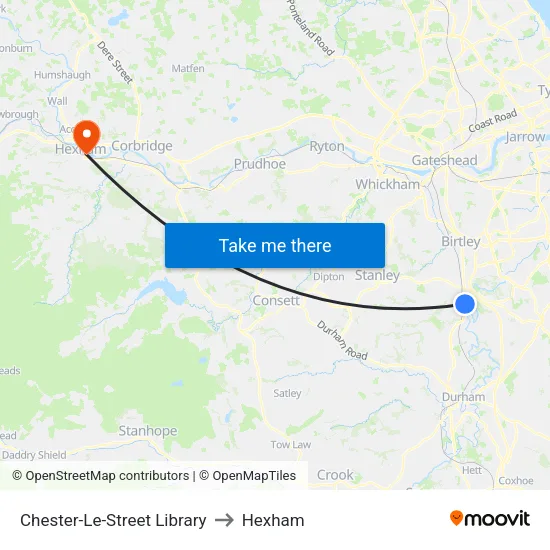 Chester-Le-Street Library to Hexham map