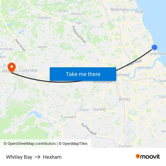 Whitley Bay to Hexham map