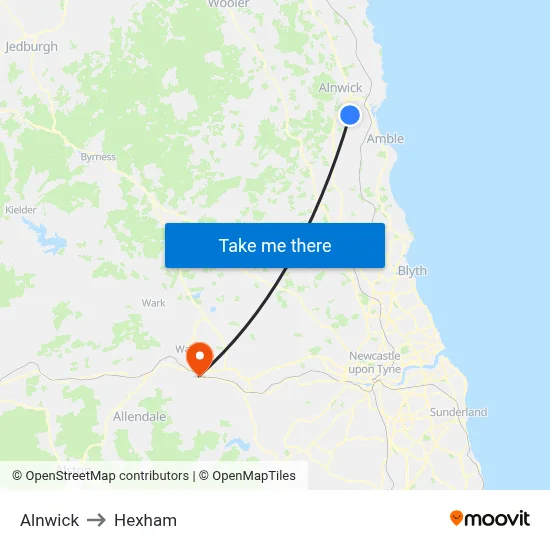 Alnwick to Hexham map