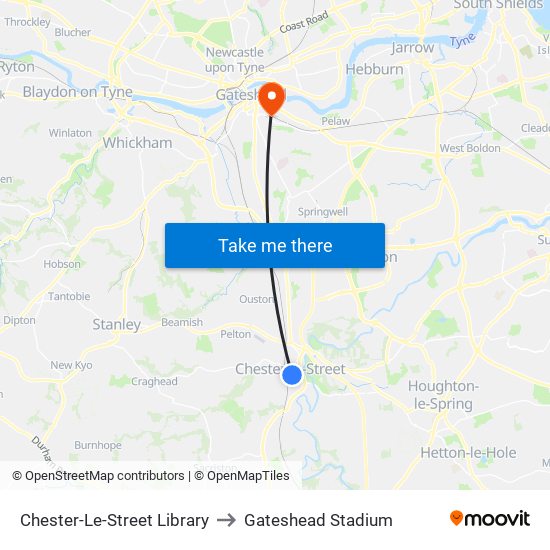 Chester-Le-Street Library to Gateshead Stadium map