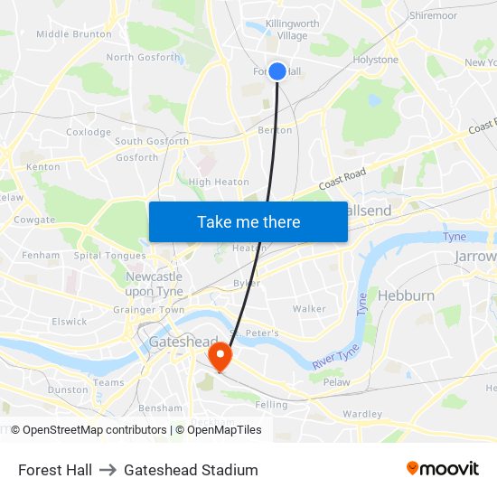 Forest Hall to Gateshead Stadium map