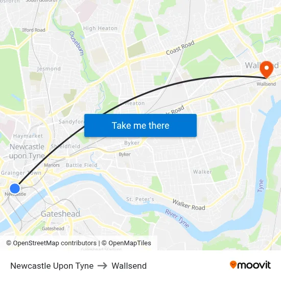 Newcastle Upon Tyne to Wallsend map
