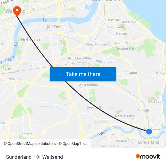 Sunderland to Wallsend map