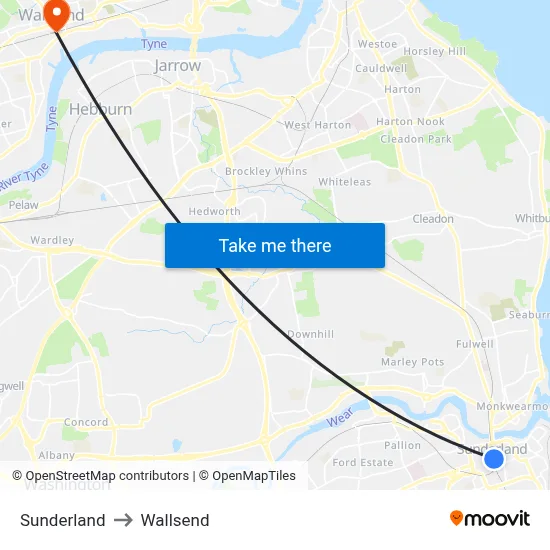 Sunderland to Wallsend map