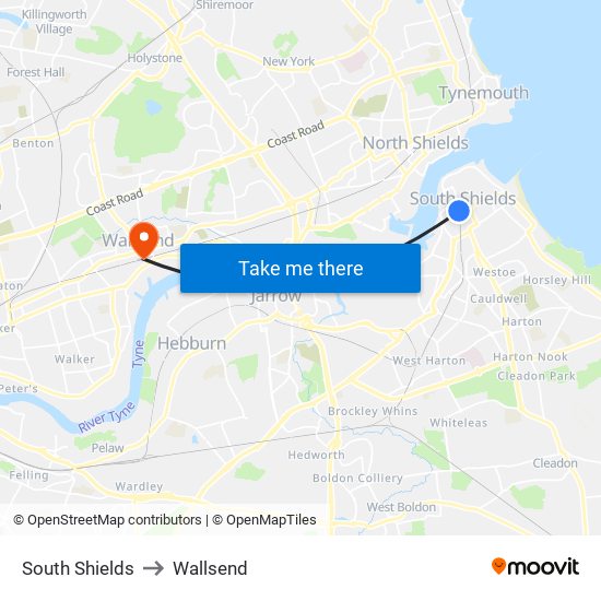 South Shields to Wallsend map