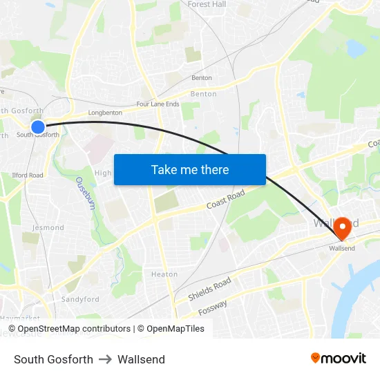 South Gosforth to Wallsend map