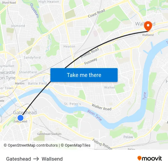 Gateshead to Wallsend map