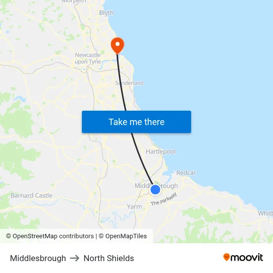 Middlesbrough to North Shields map