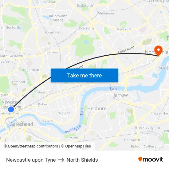 Newcastle upon Tyne to North Shields map